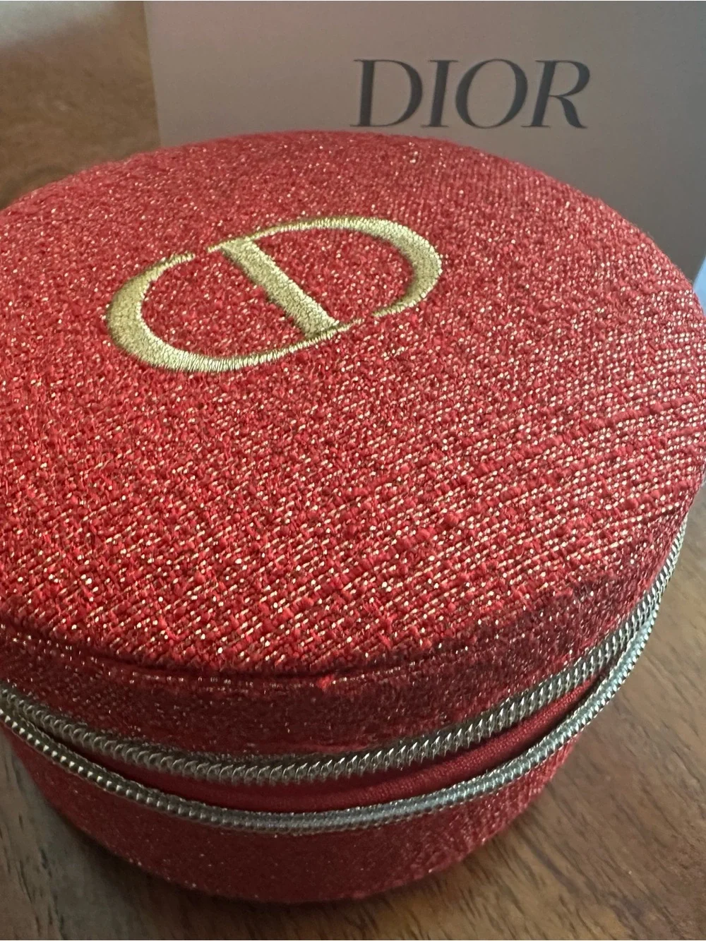 Dior Red Round Jewelry Case with Gold Logo